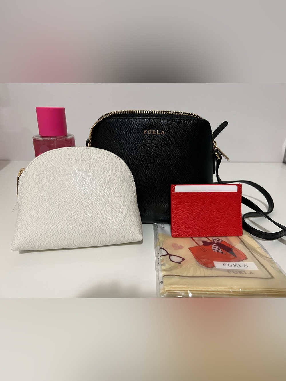 Furla Black Leather Crossbody with White Pouch and Red Cardholder